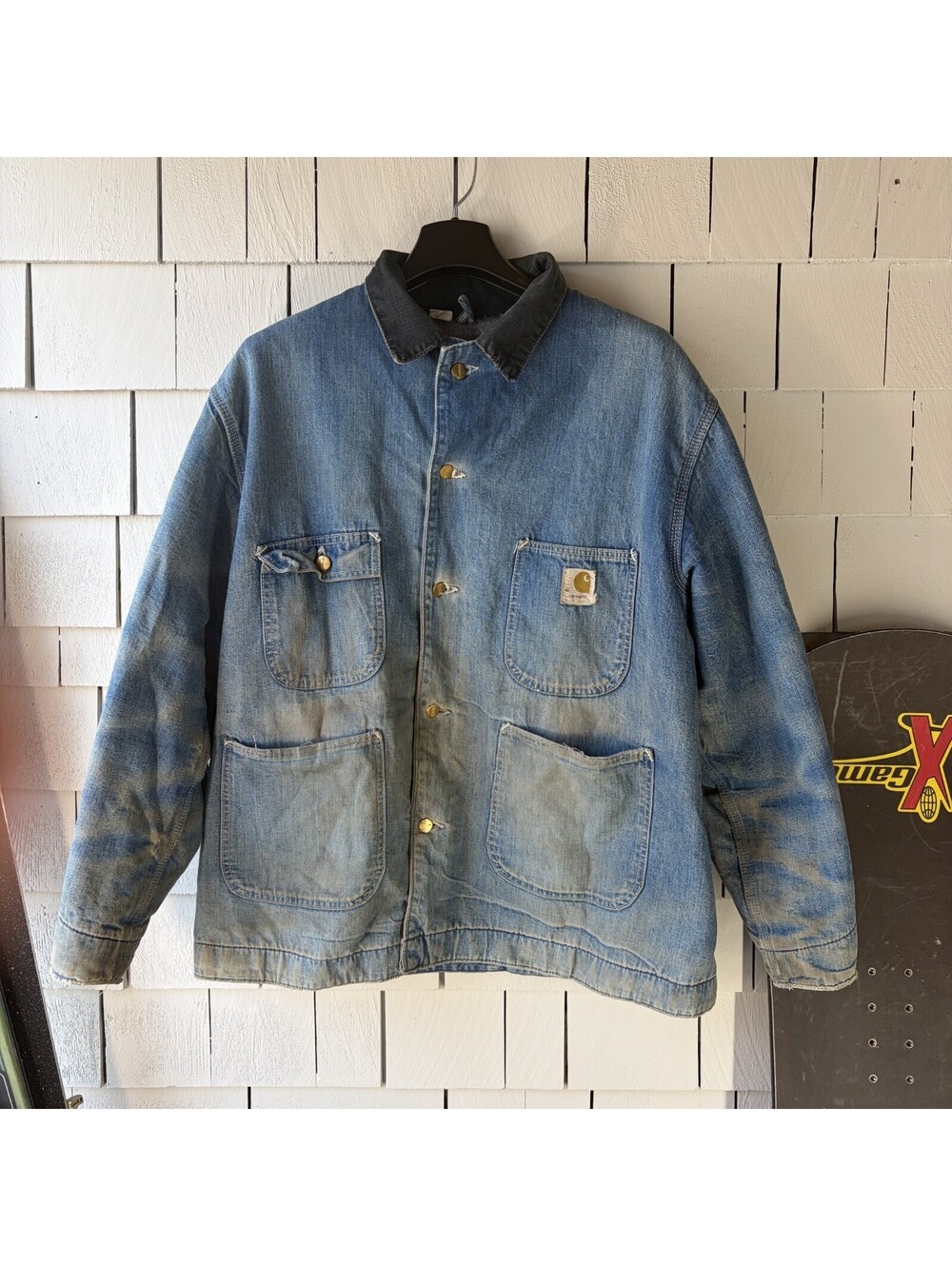 VTG 80s Carhartt Denim Chore Jacket 46 Blanket Lined Sun Faded Corduroy Collar